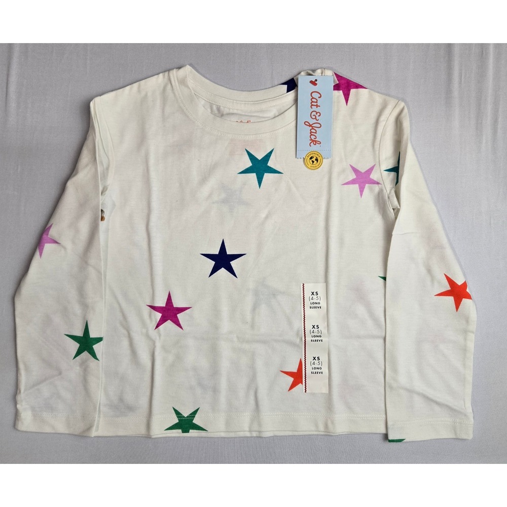 Cat & Jack Kids XS 4-5 White Long Sleeve Star Print T-Shirt NWT